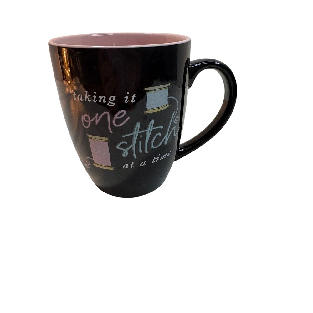 Taking It One Stitch At A Time Sewing Theme Coffee Mug Black Pink Ceramic